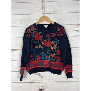 Vintage Christina Sweater Womens Medium Blue Embroidered Floral Rose Knit Chunky